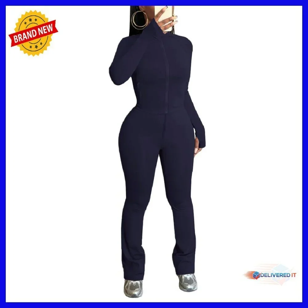 Long Sleeve Zip Crop Top & Flare Pants Workout Set Polyester Spandex